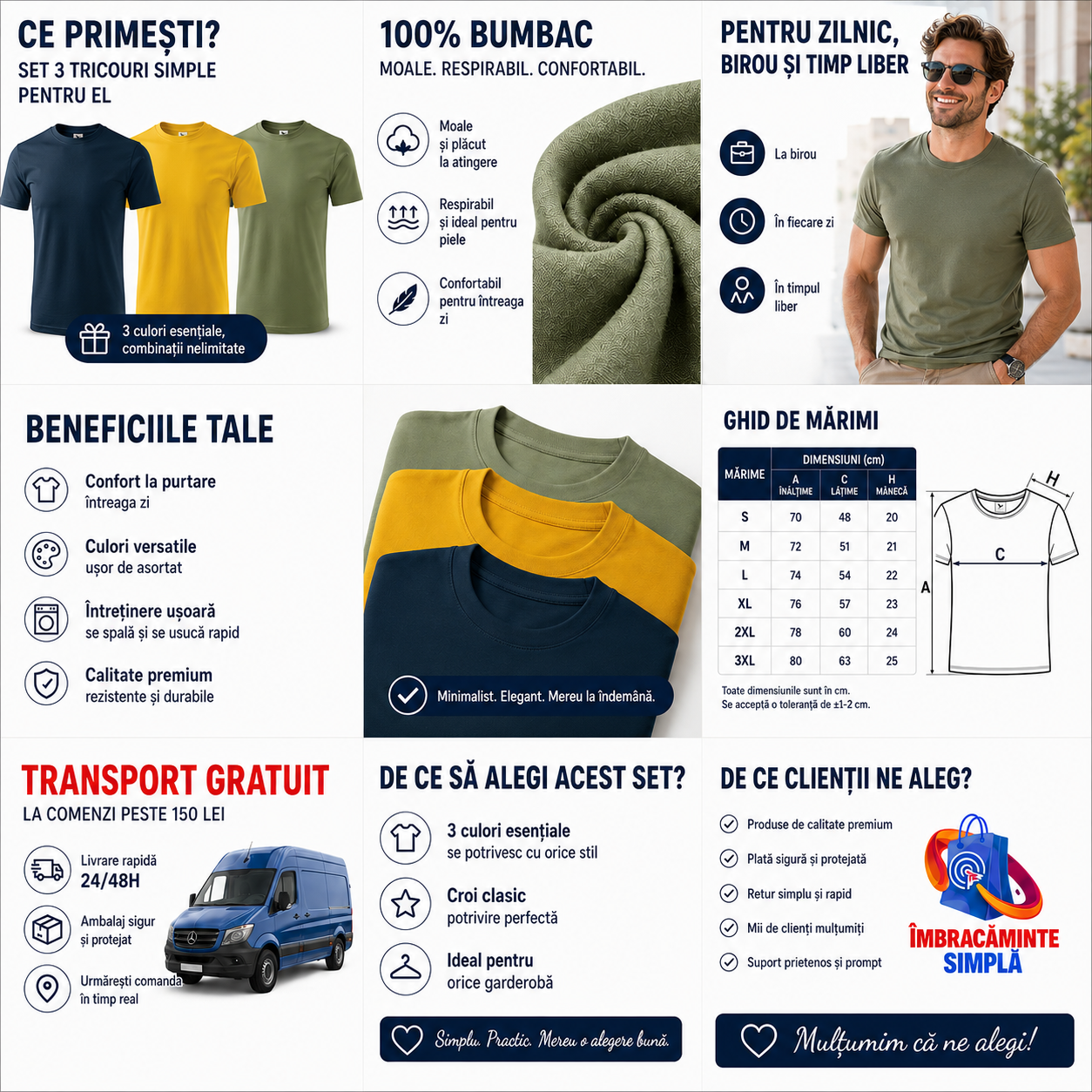 Set 3 tricouri bărbați Malfini elegant casual galben kaki și bleumarin Mix 8